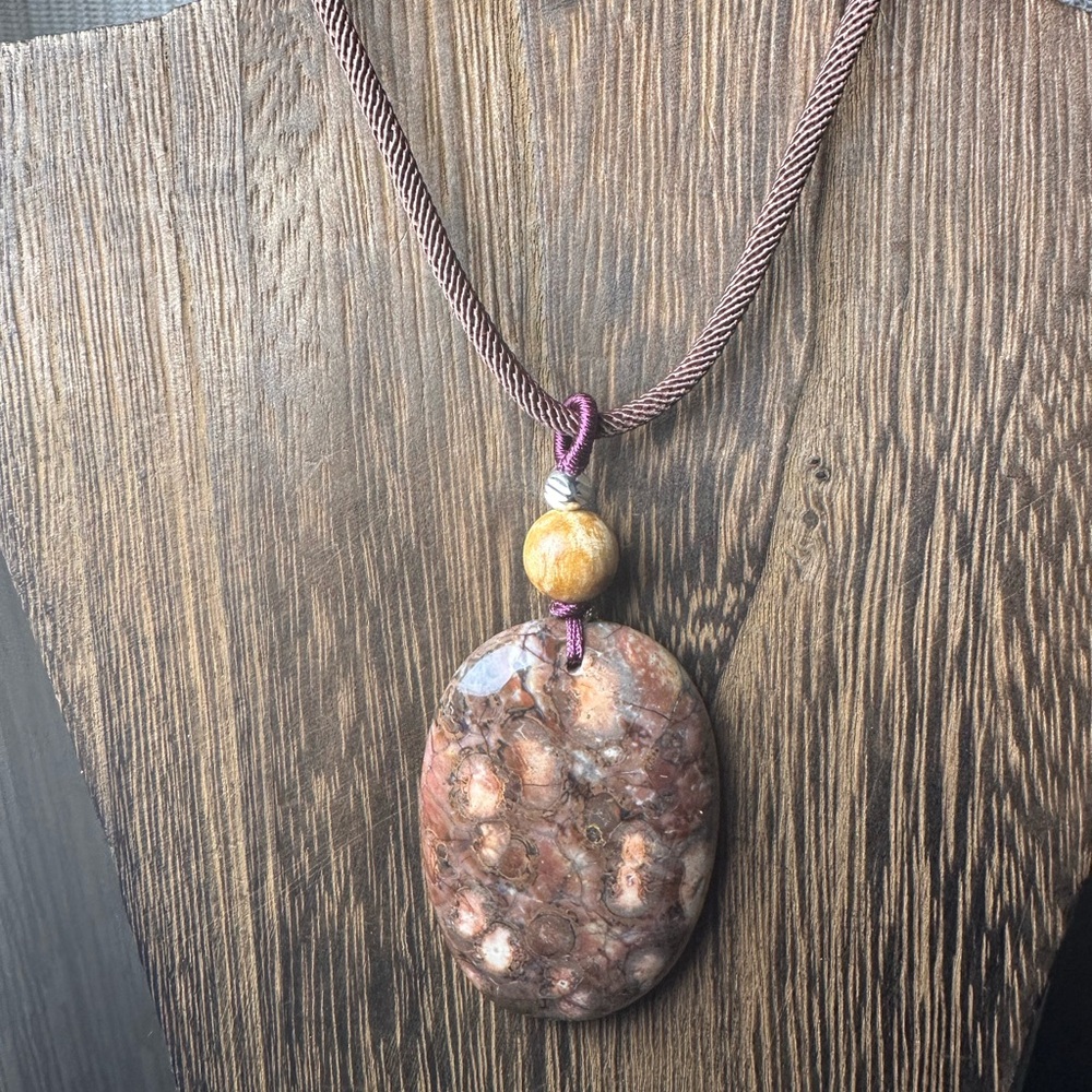 Ocean Jasper Pendant Necklace, Palo Santo Bead on Brown Rope - Picture 8 of 11